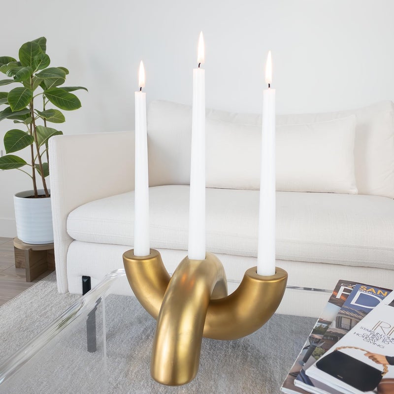 AERLO Ceramic Candle Holder Set - Decorative Candle Stick Candle Holders - Modern Decor for Dining Table, Living Room Coffee Table, or Shelf - Minimalist Candelabra for 3 Taper Candles (Gold) - Image 2